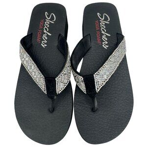 Skechers Yoga Foam Women's Flip Flops Crystal Wedge Slip On Sandals Black Casual